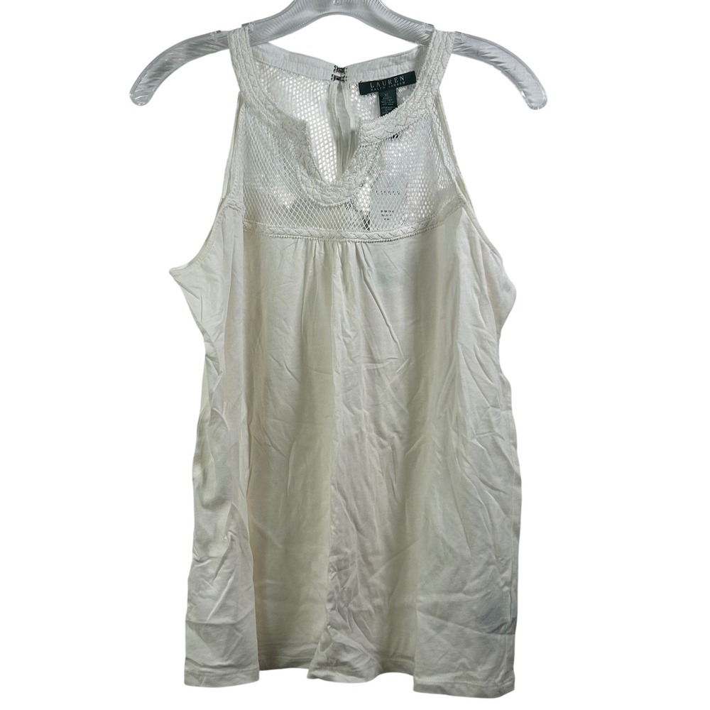 Lauren Ralph Lauren Pearl White Mesh Yoke Sleeveless Cotton Top XL NEW